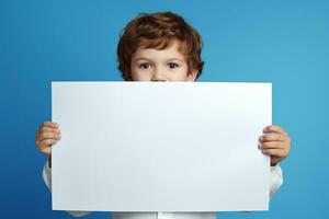 ai generado pequeño chico participación un blanco blanco sábana de papel foto