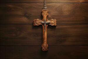 AI generated Wooden christian cross on a wooden background.Christian religion concept. photo