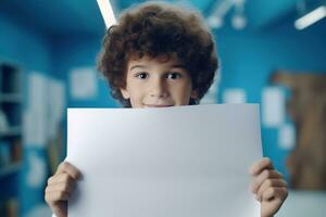 AI generated Little boy holding a blank white sheet of paper photo