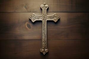 AI generated Wooden christian cross on a wooden background.Christian religion concept. photo