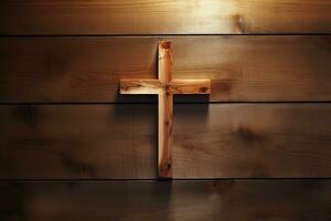 AI generated Wooden christian cross on a wooden background.Christian religion concept. photo