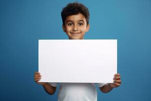 AI generated Little boy holding a blank white sheet of paper photo