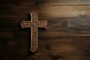 AI generated Wooden christian cross on a wooden background.Christian religion concept. photo