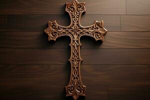 AI generated Wooden christian cross on a wooden background.Christian religion concept. photo