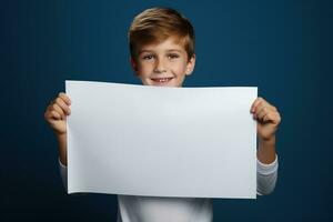 AI generated Little boy holding a blank white sheet of paper photo