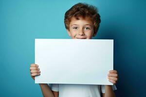 ai generado pequeño chico participación un blanco blanco sábana de papel foto