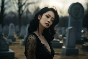 AI generated Beautiful young woman in the old cemetery. photo