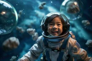 ai generado retrato de pequeño asiático niña vistiendo astronauta casco en el espacio foto