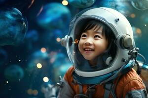 ai generado retrato de pequeño asiático niña vistiendo astronauta casco en el espacio foto