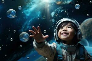 ai generado retrato de pequeño asiático niña vistiendo astronauta casco en el espacio foto