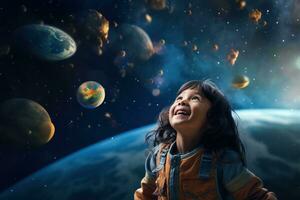 AI generated Portrait of little asian girl wearing astronaut helmet in the space photo