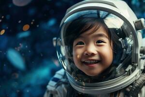 ai generado retrato de pequeño asiático niña vistiendo astronauta casco en el espacio foto