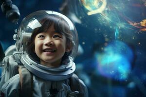 ai generado retrato de pequeño asiático niña vistiendo astronauta casco en el espacio foto