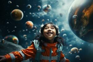 AI generated Portrait of little asian girl wearing astronaut helmet in the space photo