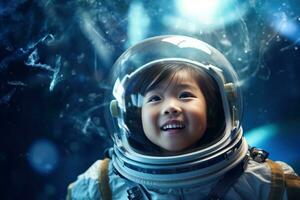 ai generado retrato de pequeño asiático niña vistiendo astronauta casco en el espacio foto