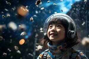ai generado retrato de pequeño asiático niña vistiendo astronauta casco en el espacio foto