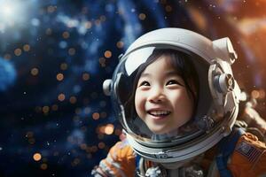 ai generado retrato de pequeño asiático niña vistiendo astronauta casco en el espacio foto