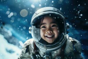 ai generado retrato de pequeño asiático niña vistiendo astronauta casco en el espacio foto