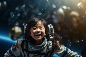 ai generado retrato de pequeño asiático niña vistiendo astronauta casco en el espacio foto