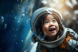 ai generado retrato de pequeño asiático niña vistiendo astronauta casco en el espacio foto