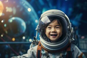 ai generado retrato de pequeño asiático niña vistiendo astronauta casco en el espacio foto