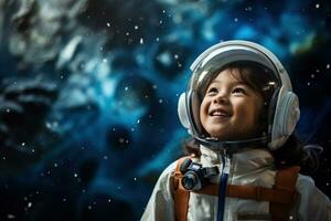 ai generado retrato de pequeño asiático niña vistiendo astronauta casco en el espacio foto