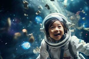 ai generado retrato de pequeño asiático niña vistiendo astronauta casco en el espacio foto