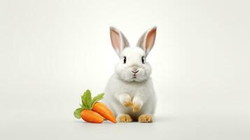 AI generated White Rabbit and Carrot on a white background. With copy space. Easter bunny. Suitable for various uses such as pet food advertisements or wildlife humor content. Banner, poster, postcard photo