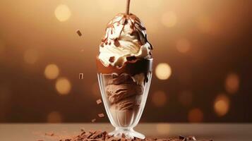 AI generated Chocolate ice cream topped with chocolate pieces in transparent glass on a dark blurred background with bokeh. Ideal for dessert menus, food blogs, advertisements, magazines photo