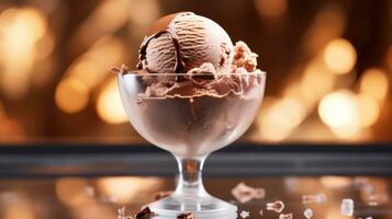 AI generated Chocolate ice cream topped with chocolate pieces in transparent glass on dark blurred background with bokeh. Ideal for dessert menus, food blogs, advertisements, magazines, recipe books. photo