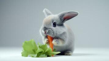 ai generado gris Conejo con Fresco Zanahoria y lechuga en ligero degradado antecedentes. linda mullido conejito. Pascua de Resurrección concepto. ideal para mascota comida anuncios, educativo contenido, veterinario o animal foto