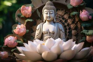 AI generated Buddha statue with lotus flower photo