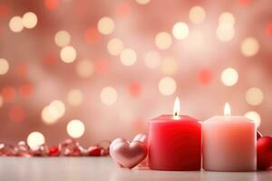 AI generated Valentine's Day background with hearts and candles on bokeh background photo