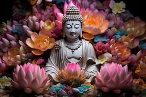 AI generated Buddha statue with lotus flower photo