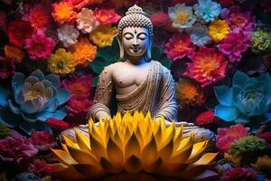 AI generated Buddha statue with lotus flower photo