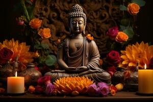 AI generated Buddha statue with lotus flower photo