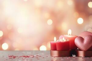 AI generated Valentine's Day background with hearts and candles on bokeh background photo