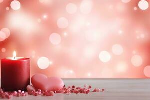 AI generated Valentine's Day background with hearts and candles on bokeh background photo
