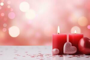 AI generated Valentine's Day background with hearts and candles on bokeh background photo