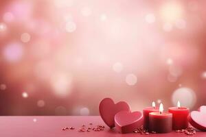 ai generado San Valentín día antecedentes con corazones y velas en bokeh antecedentes foto