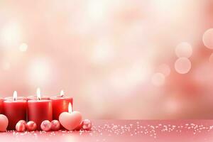 AI generated Valentine's Day background with hearts and candles on bokeh background photo