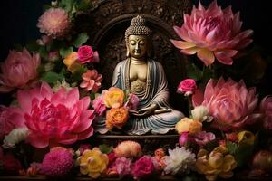 AI generated Buddha statue with lotus flower photo