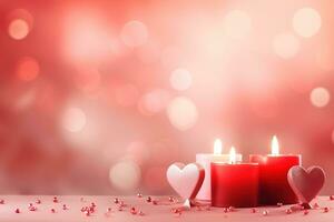 AI generated Valentine's Day background with hearts and candles on bokeh background photo