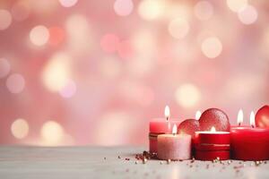 AI generated Valentine's Day background with hearts and candles on bokeh background photo