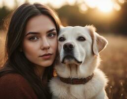 ai generado retrato de un joven hermosa mujer con su perro. ai Generacion foto