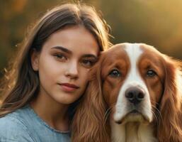 ai generado retrato de un joven hermosa mujer con su perro. ai Generacion foto