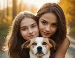 AI generated Portrait of a young beautiful woman with her  dog. AI generation photo