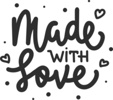 Made with love, modern ink brush monoline calligraphy. Handwritten PNG lettering with hearts.