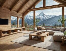 AI generated interior of a cozy chalet . AI generated photo