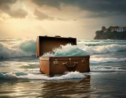 AI generated Empty suitcase on the seashore.AI generated photo